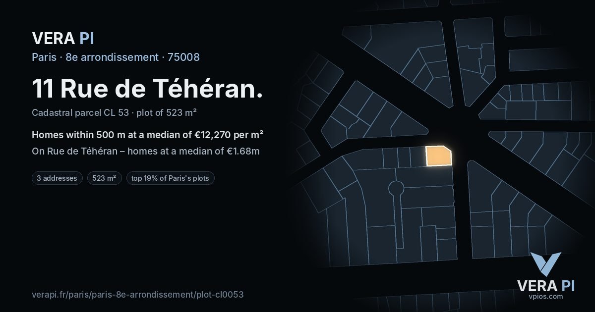11 Rue de Téhéran, 8e arrondissement at night – the plot lit, the parcels around coloured by the prices near them