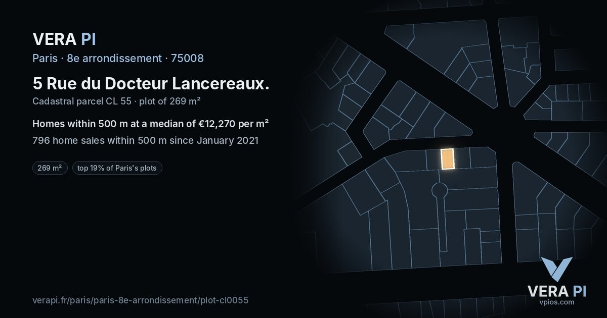 5 Rue du Docteur Lancereaux, 8e arrondissement at night – the plot lit, the parcels around coloured by the prices near them