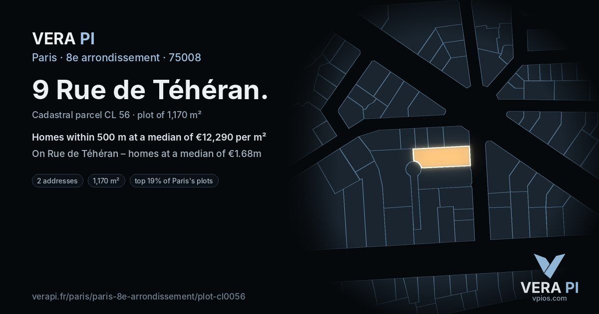 9 Rue de Téhéran, 8e arrondissement at night – the plot lit, the parcels around coloured by the prices near them