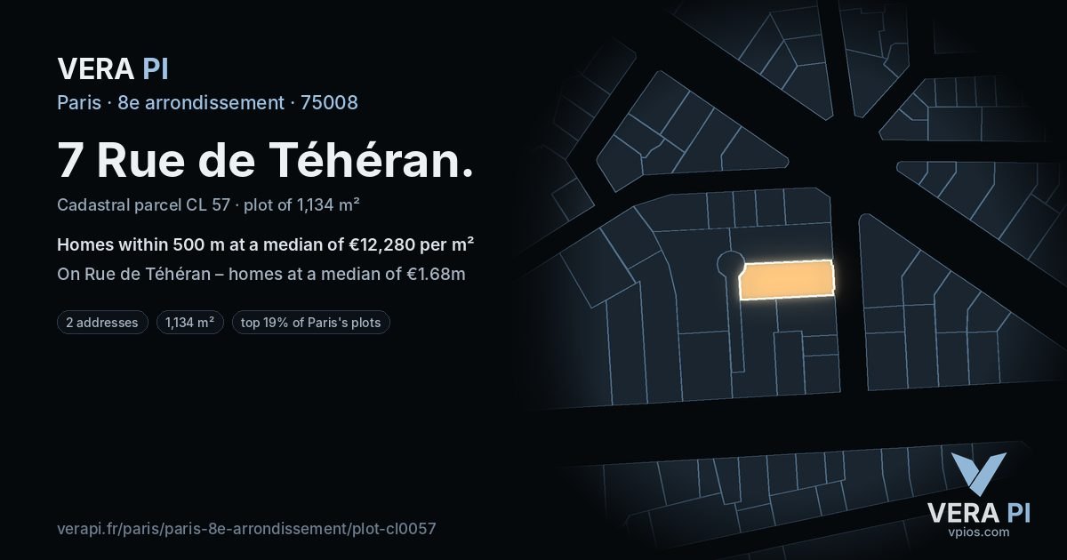 7 Rue de Téhéran, 8e arrondissement at night – the plot lit, the parcels around coloured by the prices near them