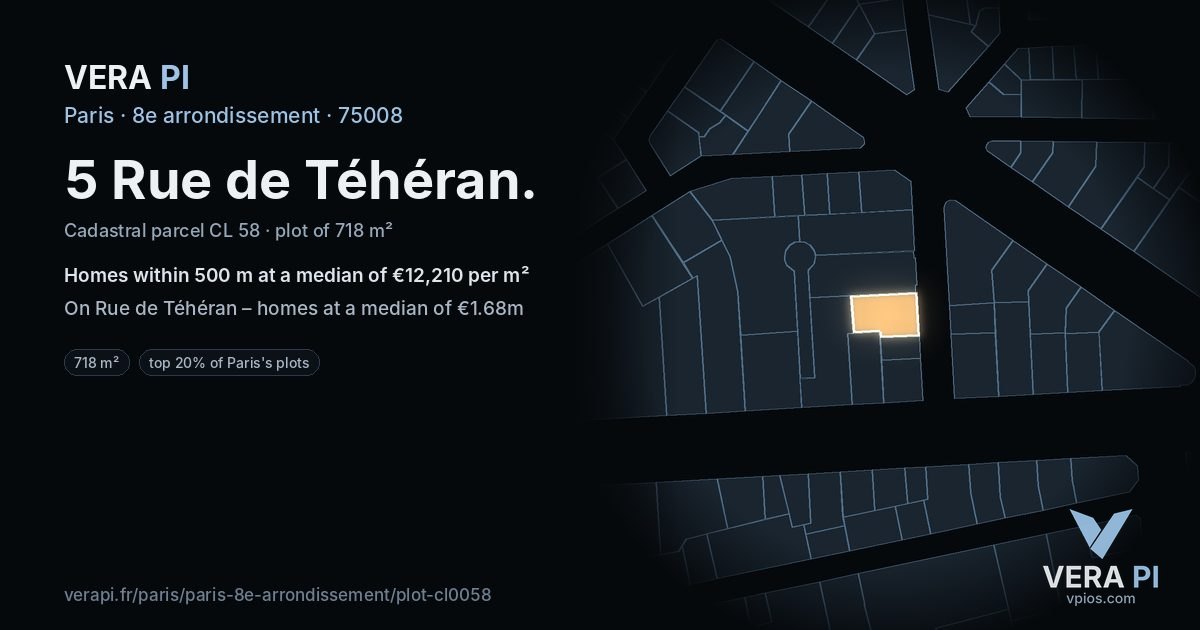 5 Rue de Téhéran, 8e arrondissement at night – the plot lit, the parcels around coloured by the prices near them