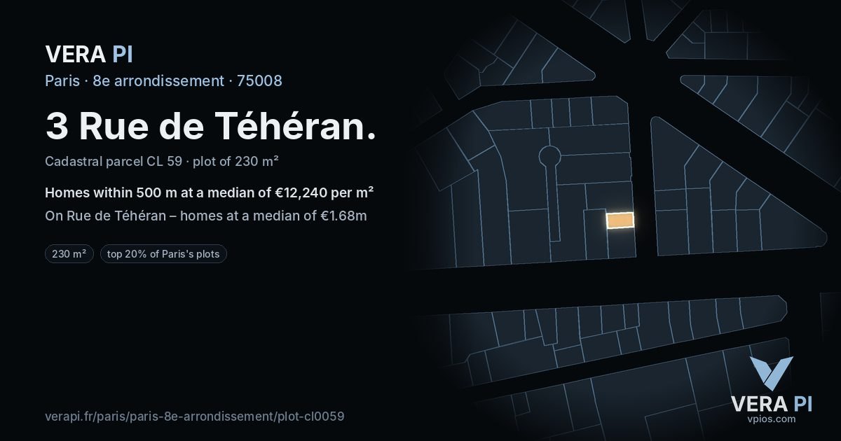 3 Rue de Téhéran, 8e arrondissement at night – the plot lit, the parcels around coloured by the prices near them
