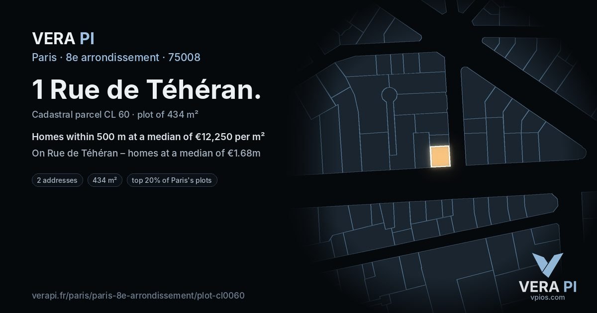 1 Rue de Téhéran, 8e arrondissement at night – the plot lit, the parcels around coloured by the prices near them
