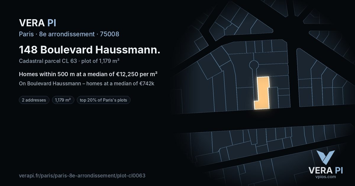 148 Boulevard Haussmann, 8e arrondissement at night – the plot lit, the parcels around coloured by the prices near them