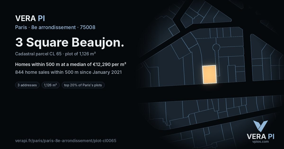 3 Square Beaujon, 8e arrondissement at night – the plot lit, the parcels around coloured by the prices near them
