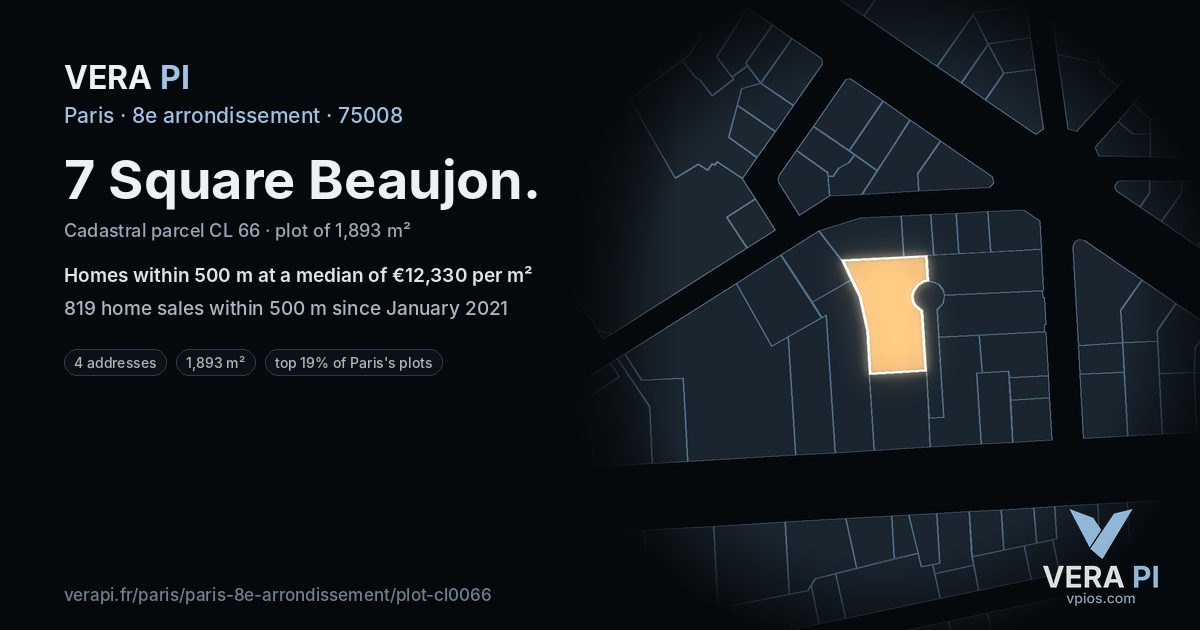 7 Square Beaujon, 8e arrondissement at night – the plot lit, the parcels around coloured by the prices near them