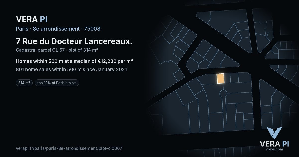 7 Rue du Docteur Lancereaux, 8e arrondissement at night – the plot lit, the parcels around coloured by the prices near them
