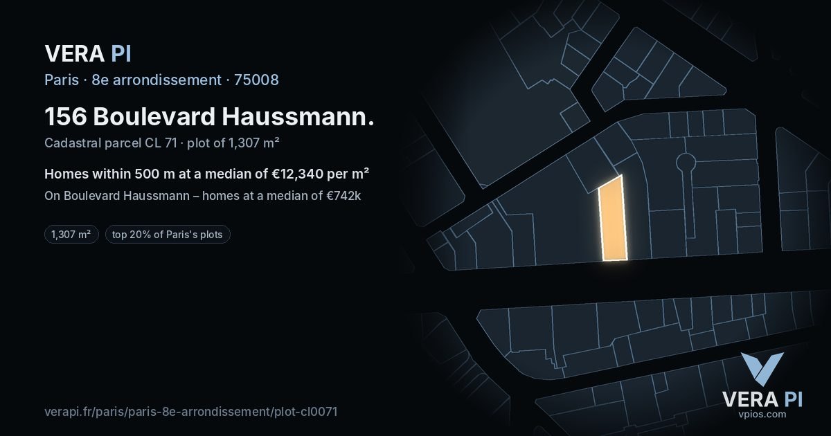 156 Boulevard Haussmann, 8e arrondissement at night – the plot lit, the parcels around coloured by the prices near them