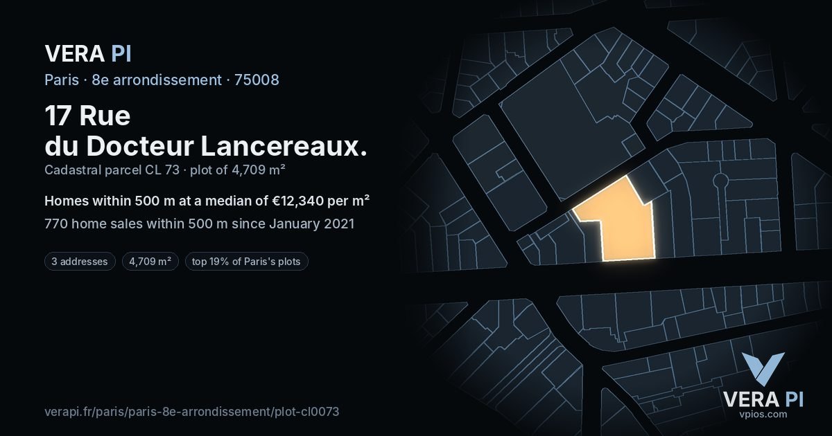 17 Rue du Docteur Lancereaux, 8e arrondissement at night – the plot lit, the parcels around coloured by the prices near them