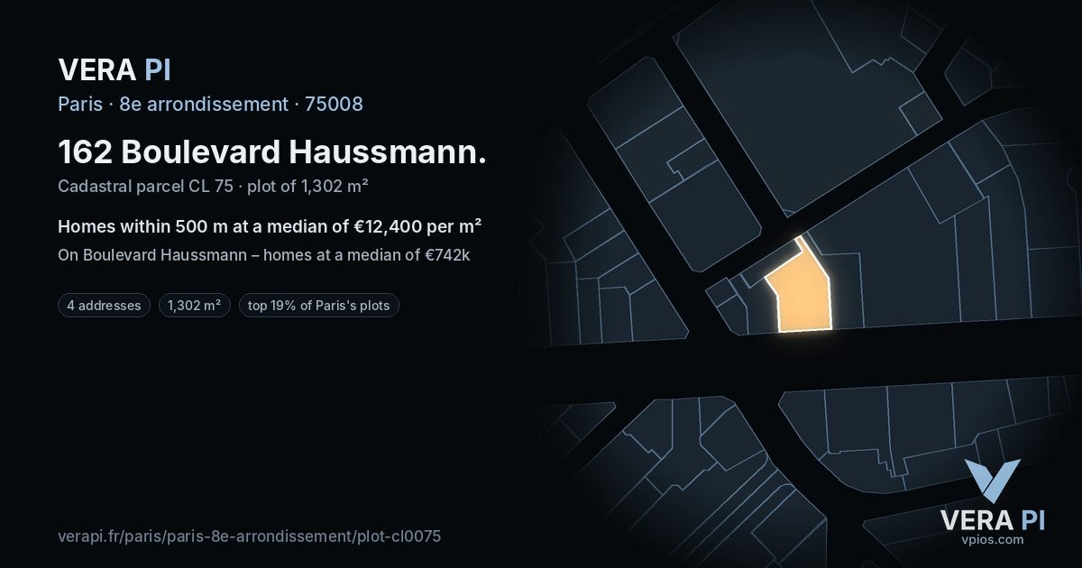 162 Boulevard Haussmann, 8e arrondissement at night – the plot lit, the parcels around coloured by the prices near them