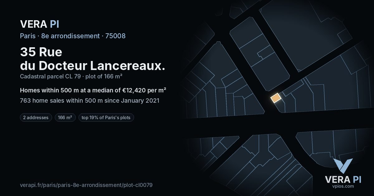 35 Rue du Docteur Lancereaux, 8e arrondissement at night – the plot lit, the parcels around coloured by the prices near them