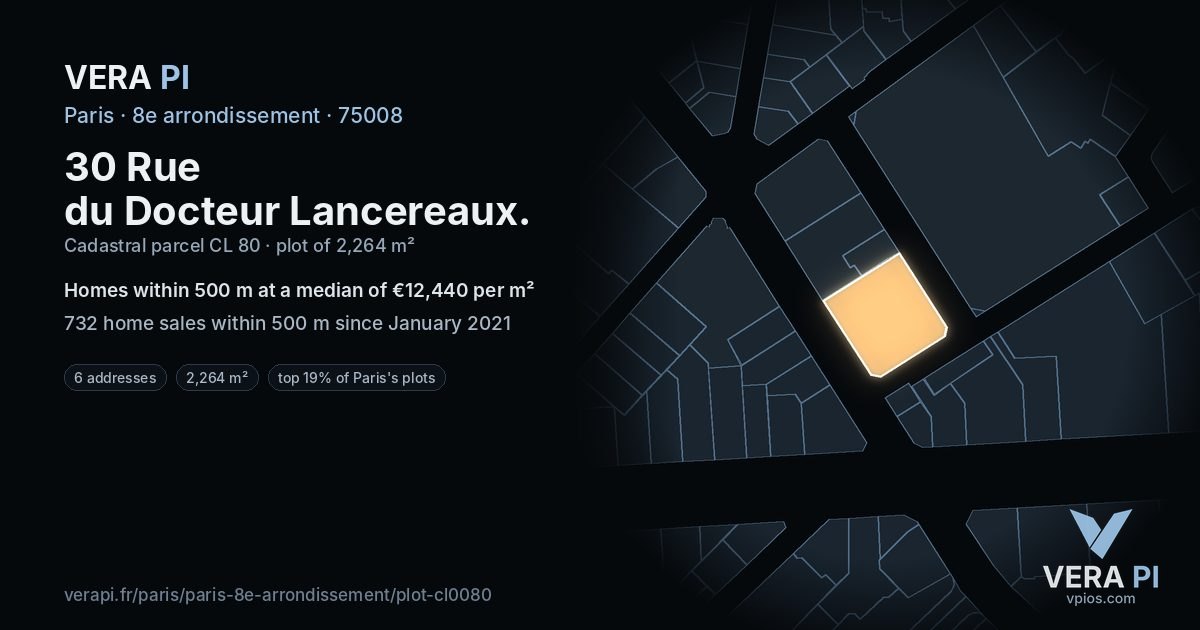 30 Rue du Docteur Lancereaux, 8e arrondissement at night – the plot lit, the parcels around coloured by the prices near them