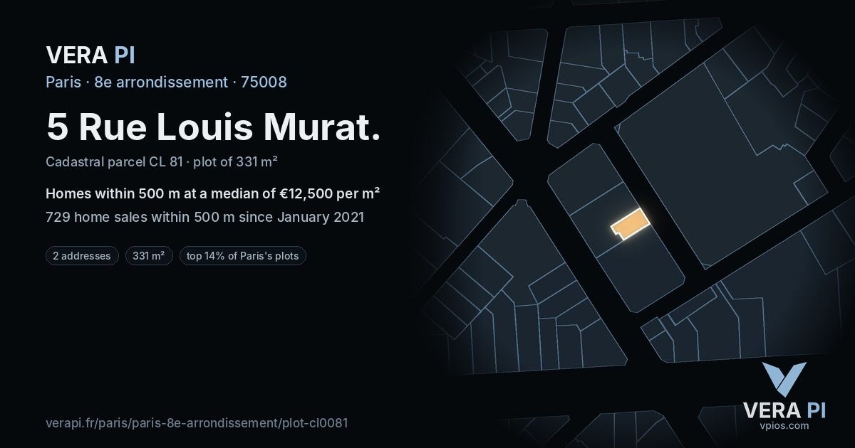5 Rue Louis Murat, 8e arrondissement at night – the plot lit, the parcels around coloured by the prices near them