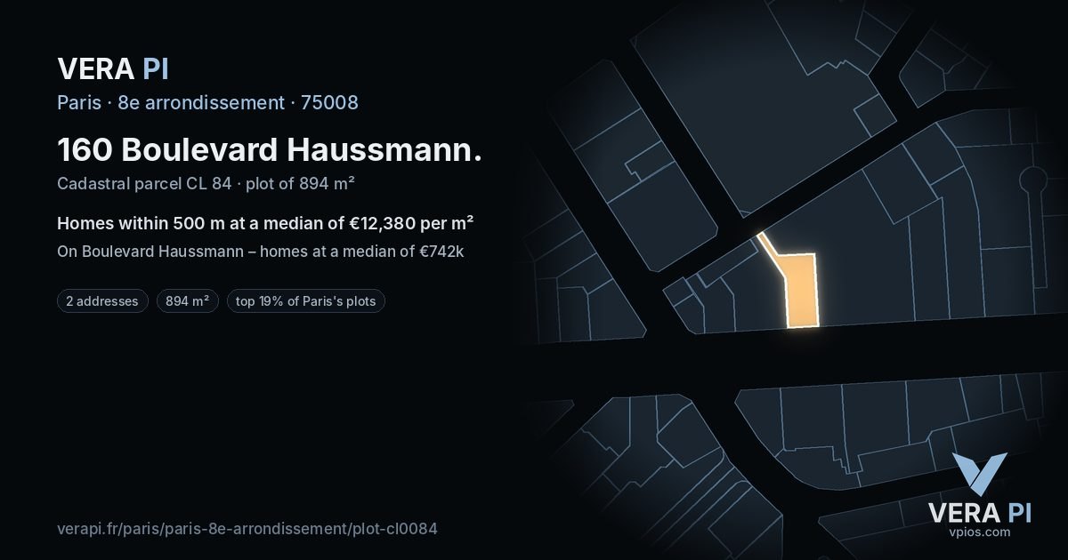 160 Boulevard Haussmann, 8e arrondissement at night – the plot lit, the parcels around coloured by the prices near them