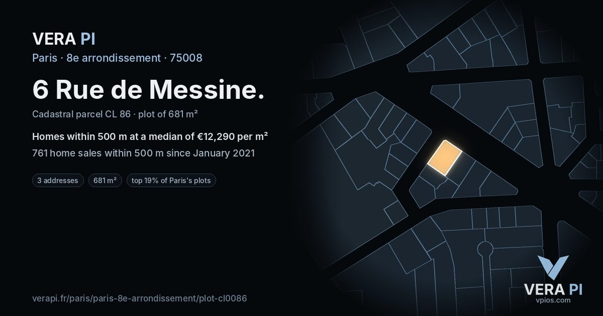 6 Rue de Messine, 8e arrondissement at night – the plot lit, the parcels around coloured by the prices near them