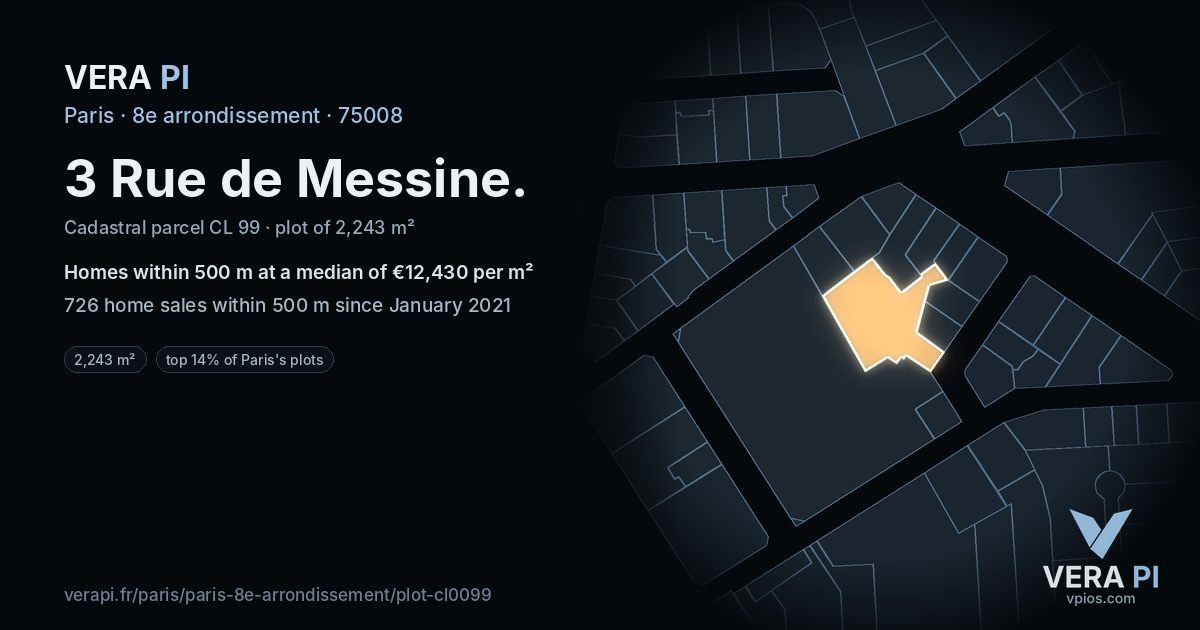 3 Rue de Messine, 8e arrondissement at night – the plot lit, the parcels around coloured by the prices near them
