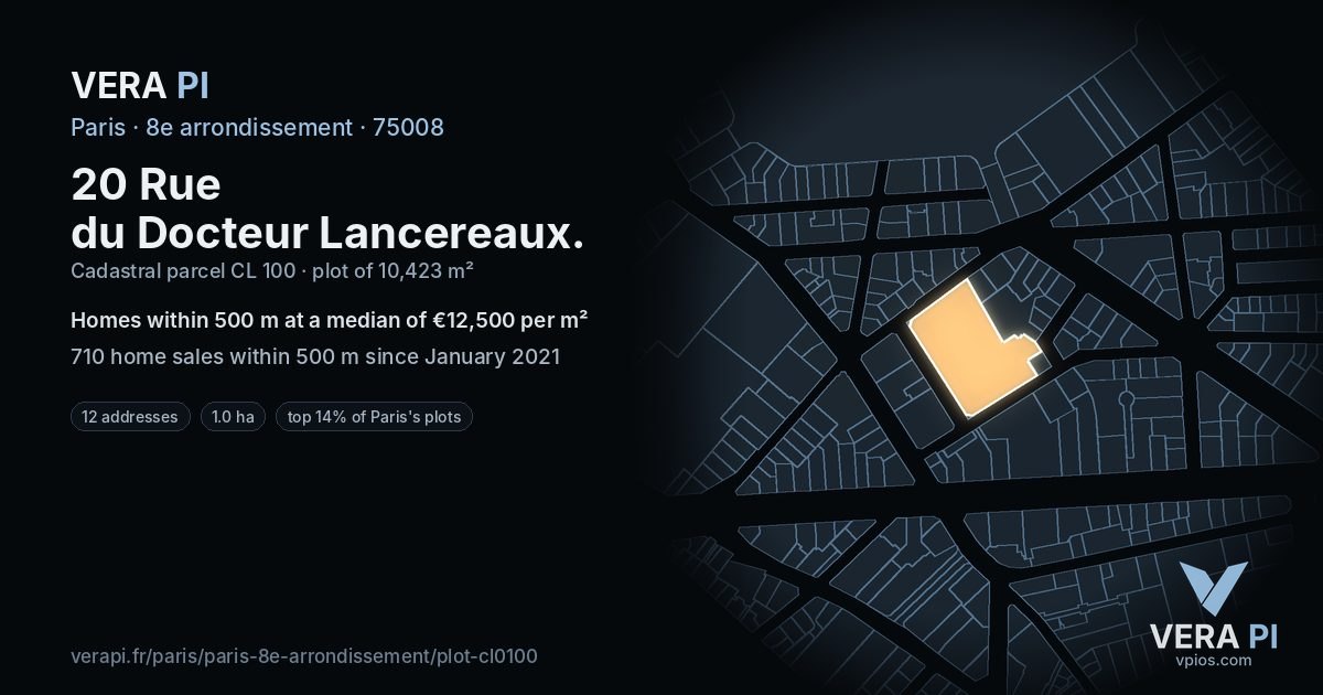 20 Rue du Docteur Lancereaux, 8e arrondissement at night – the plot lit, the parcels around coloured by the prices near them