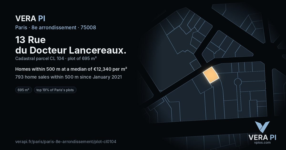 13 Rue du Docteur Lancereaux, 8e arrondissement at night – the plot lit, the parcels around coloured by the prices near them