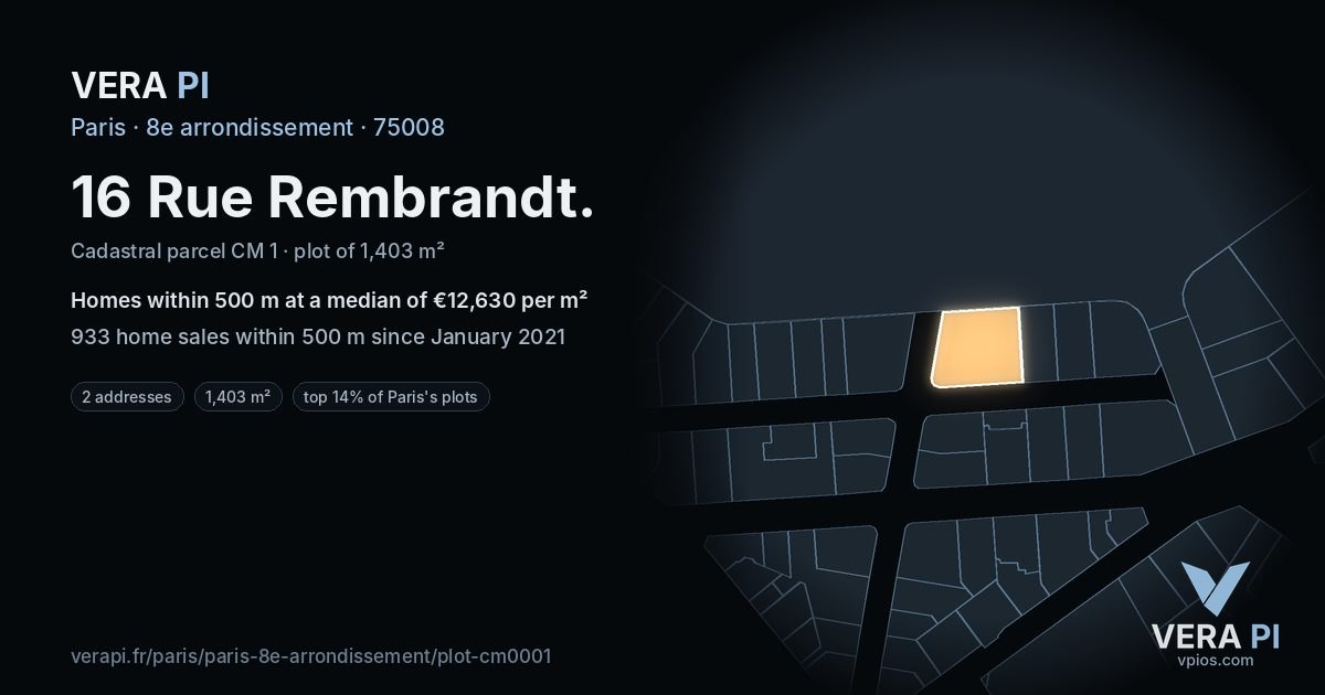 16 Rue Rembrandt, 8e arrondissement at night – the plot lit, the parcels around coloured by the prices near them