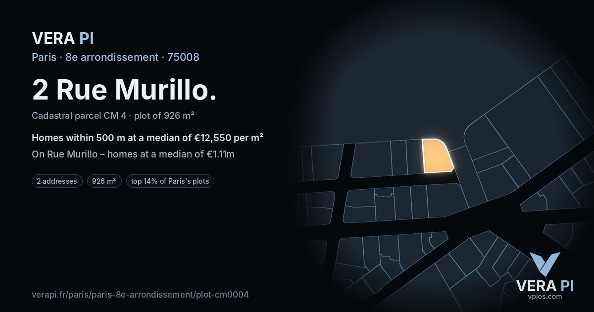 2 Rue Murillo, 8e arrondissement at night – the plot lit, the parcels around coloured by the prices near them