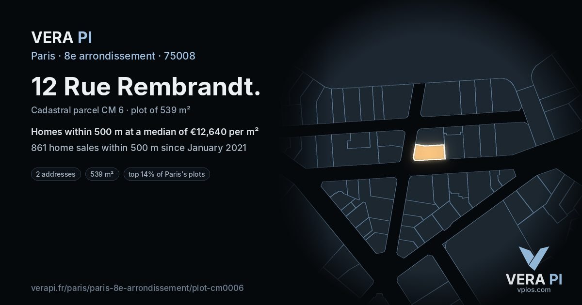 12 Rue Rembrandt, 8e arrondissement at night – the plot lit, the parcels around coloured by the prices near them
