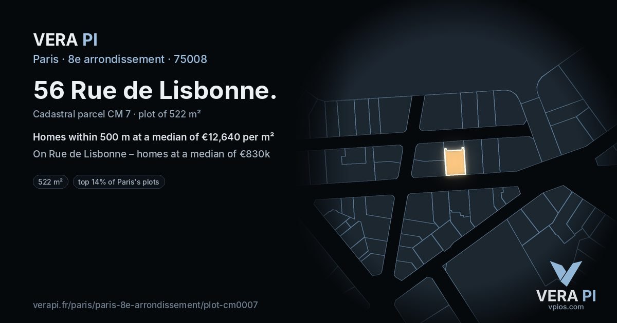 56 Rue de Lisbonne, 8e arrondissement at night – the plot lit, the parcels around coloured by the prices near them