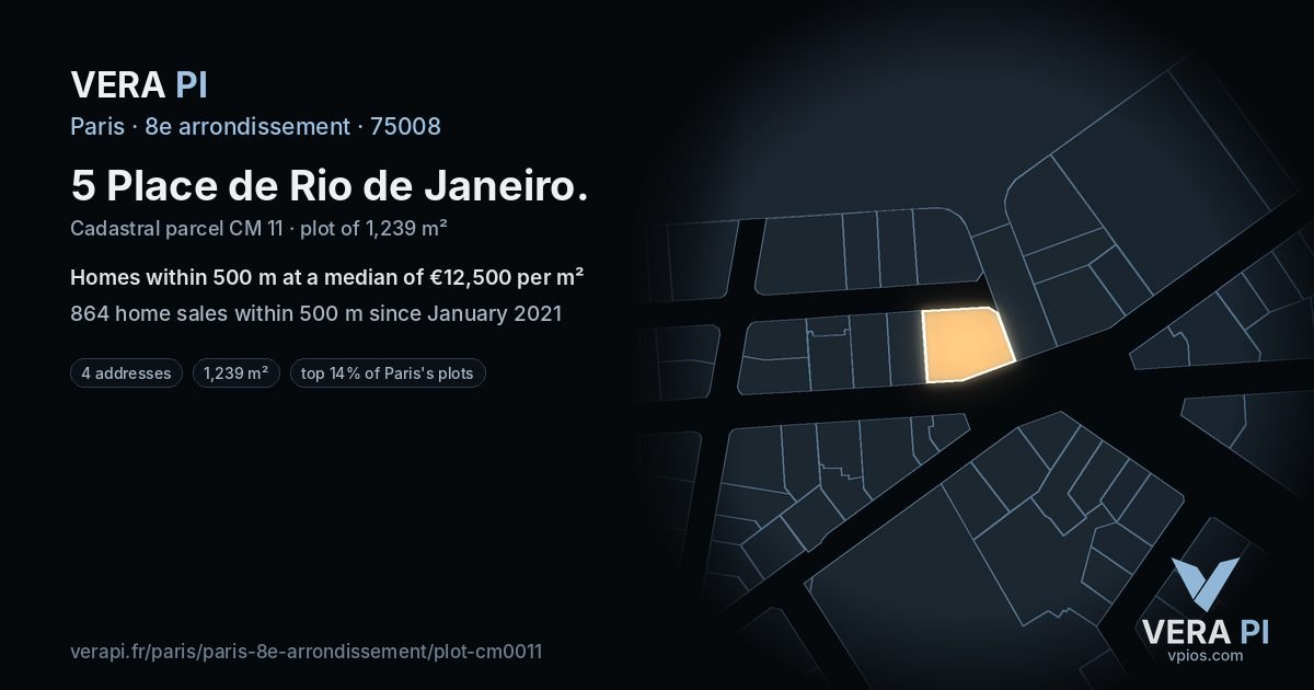5 Place de Rio de Janeiro, 8e arrondissement at night – the plot lit, the parcels around coloured by the prices near them