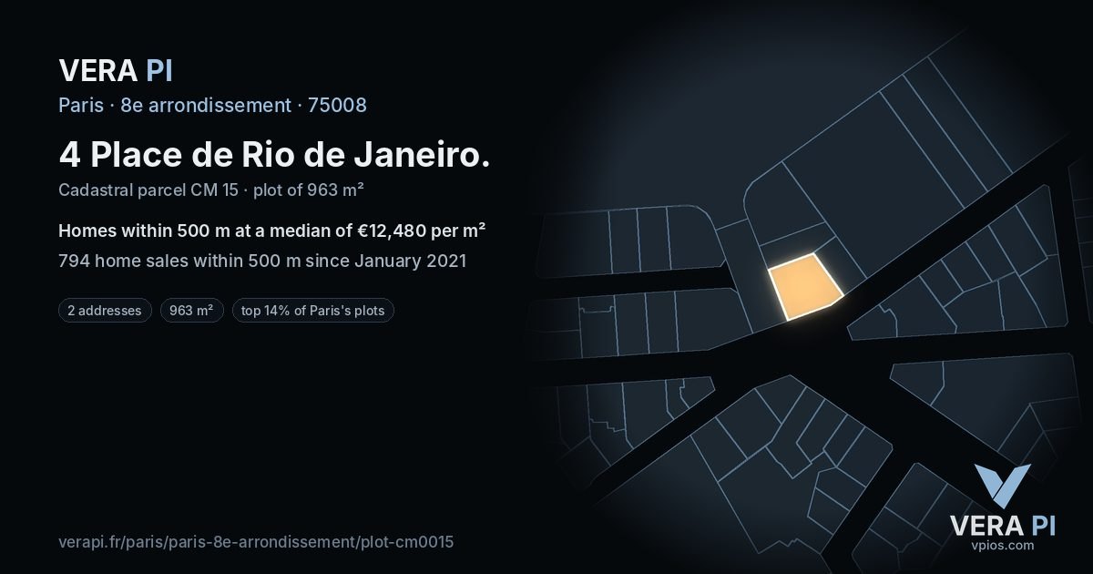 4 Place de Rio de Janeiro, 8e arrondissement at night – the plot lit, the parcels around coloured by the prices near them