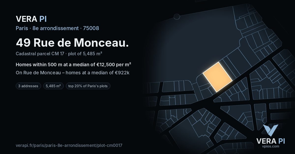 49 Rue de Monceau, 8e arrondissement at night – the plot lit, the parcels around coloured by the prices near them