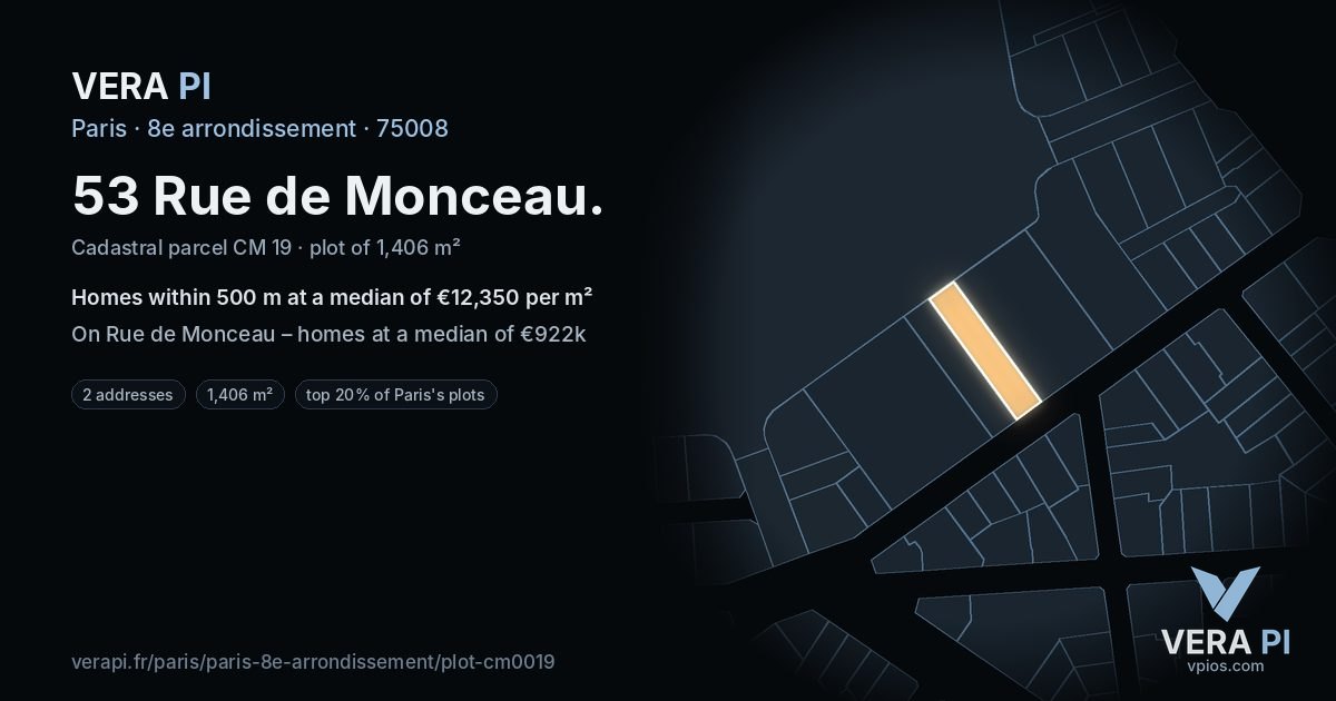 53 Rue de Monceau, 8e arrondissement at night – the plot lit, the parcels around coloured by the prices near them