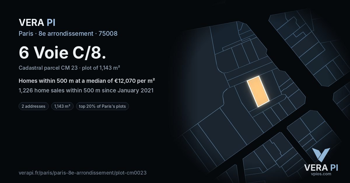 6 Voie C/8, 8e arrondissement at night – the plot lit, the parcels around coloured by the prices near them