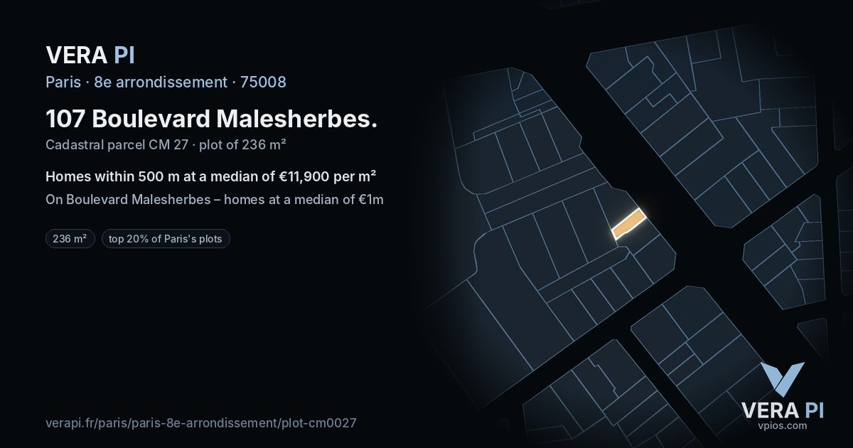 107 Boulevard Malesherbes, 8e arrondissement at night – the plot lit, the parcels around coloured by the prices near them