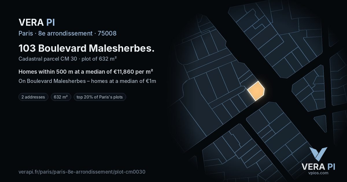 103 Boulevard Malesherbes, 8e arrondissement at night – the plot lit, the parcels around coloured by the prices near them