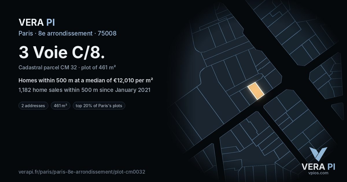 3 Voie C/8, 8e arrondissement at night – the plot lit, the parcels around coloured by the prices near them