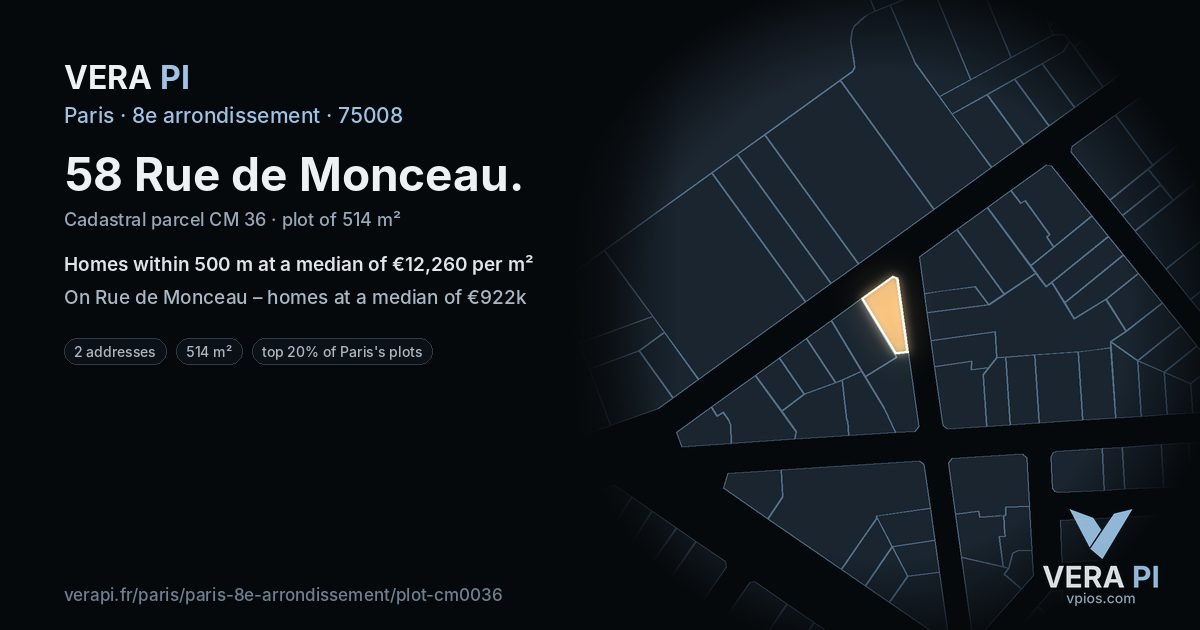 58 Rue de Monceau, 8e arrondissement at night – the plot lit, the parcels around coloured by the prices near them