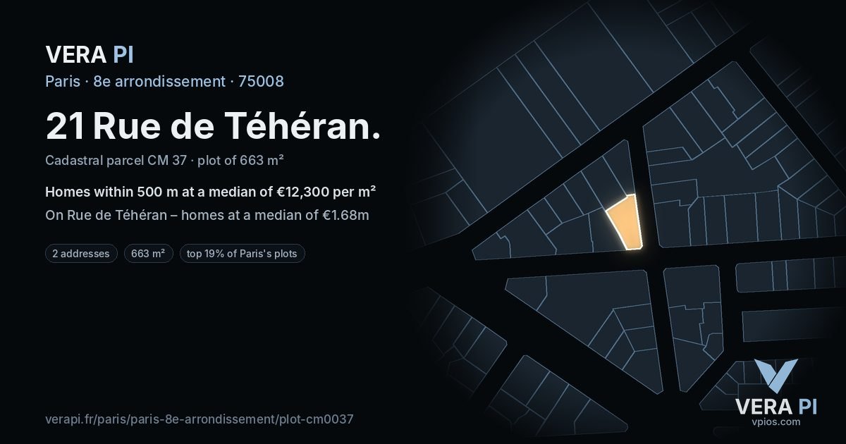 21 Rue de Téhéran, 8e arrondissement at night – the plot lit, the parcels around coloured by the prices near them