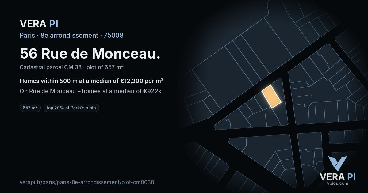 56 Rue de Monceau, 8e arrondissement at night – the plot lit, the parcels around coloured by the prices near them