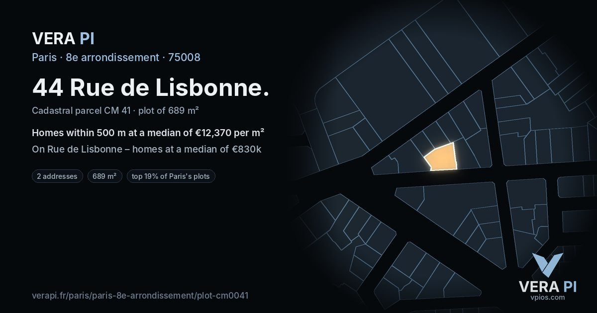 44 Rue de Lisbonne, 8e arrondissement at night – the plot lit, the parcels around coloured by the prices near them