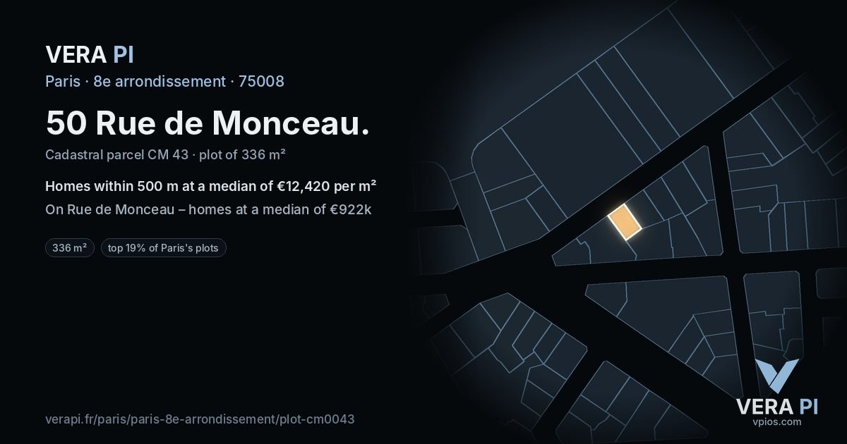 50 Rue de Monceau, 8e arrondissement at night – the plot lit, the parcels around coloured by the prices near them