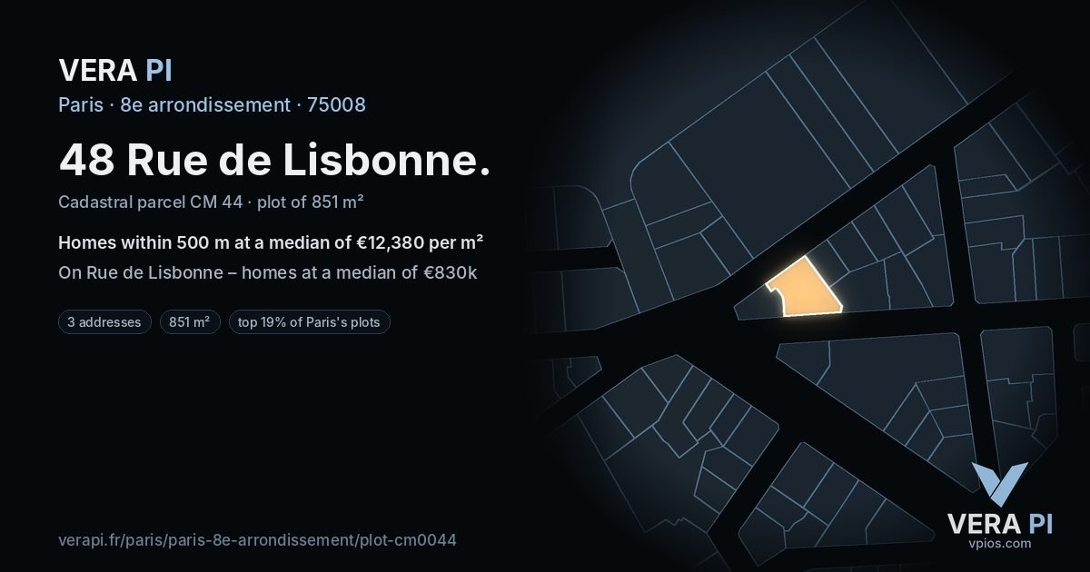 48 Rue de Lisbonne, 8e arrondissement at night – the plot lit, the parcels around coloured by the prices near them