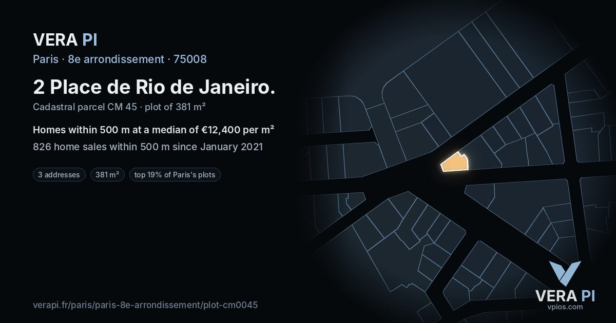 2 Place de Rio de Janeiro, 8e arrondissement at night – the plot lit, the parcels around coloured by the prices near them