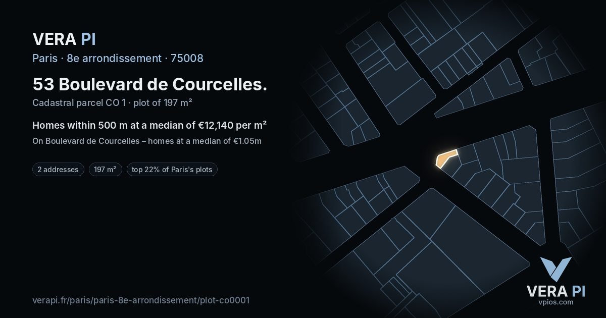 53 Boulevard de Courcelles, 8e arrondissement at night – the plot lit, the parcels around coloured by the prices near them