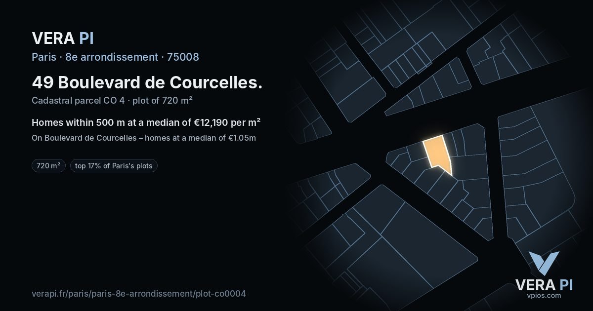49 Boulevard de Courcelles, 8e arrondissement at night – the plot lit, the parcels around coloured by the prices near them