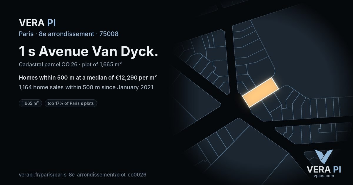 1 s Avenue Van Dyck, 8e arrondissement at night – the plot lit, the parcels around coloured by the prices near them