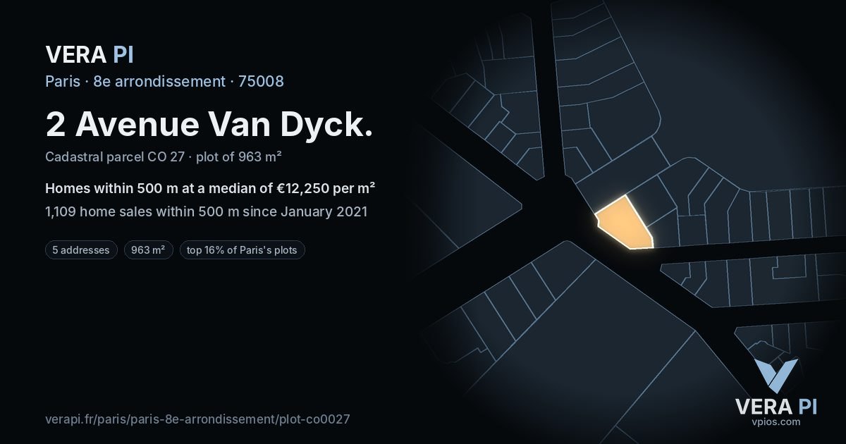 2 Avenue Van Dyck, 8e arrondissement at night – the plot lit, the parcels around coloured by the prices near them