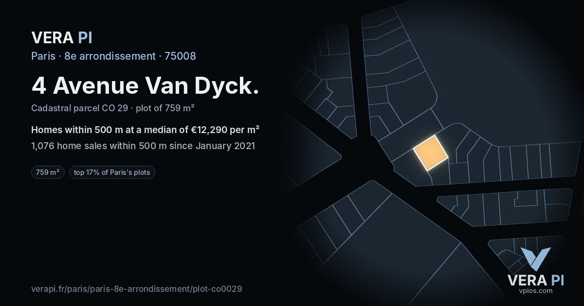 4 Avenue Van Dyck, 8e arrondissement at night – the plot lit, the parcels around coloured by the prices near them