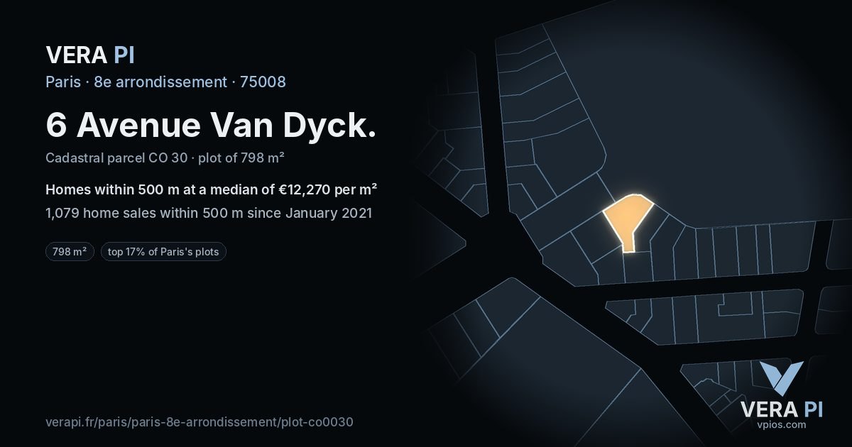 6 Avenue Van Dyck, 8e arrondissement at night – the plot lit, the parcels around coloured by the prices near them