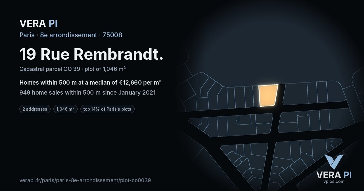 19 Rue Rembrandt, 8e arrondissement at night – the plot lit, the parcels around coloured by the prices near them