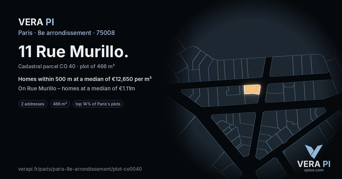 11 Rue Murillo, 8e arrondissement at night – the plot lit, the parcels around coloured by the prices near them