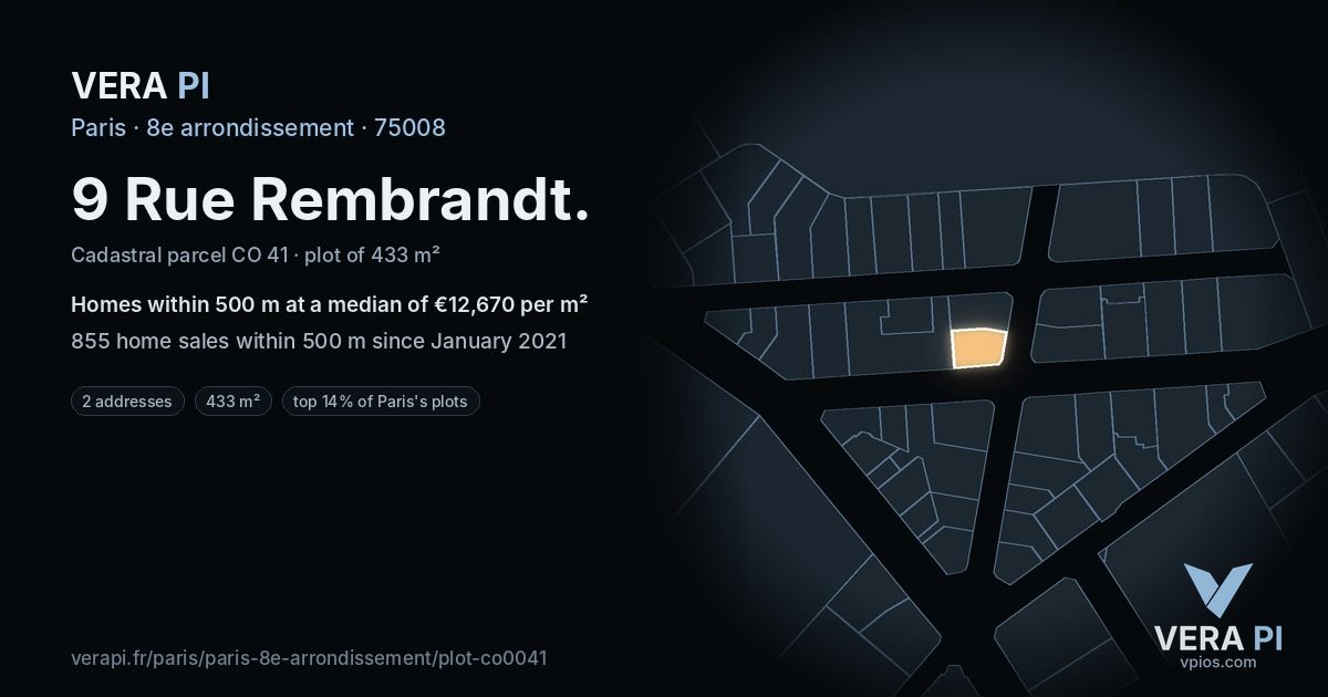 9 Rue Rembrandt, 8e arrondissement at night – the plot lit, the parcels around coloured by the prices near them